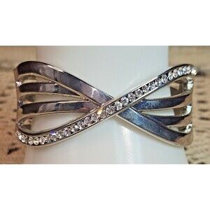 Beautiful Stainless Steel Hinged Cuff Bangle Bracelet w/ Clear Rhinestones
